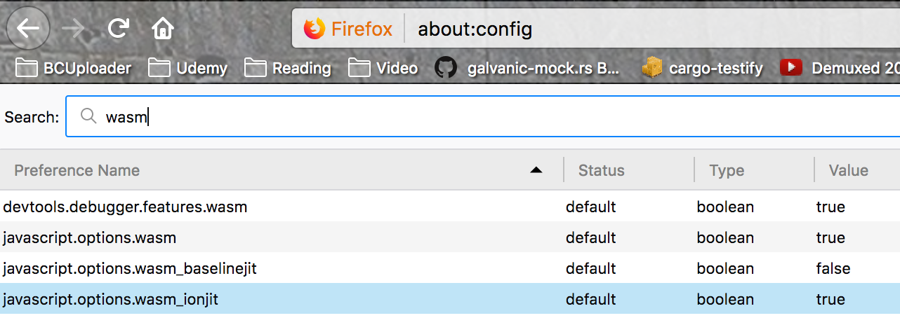 Firefox 57 about:config defaults for Web Assembly